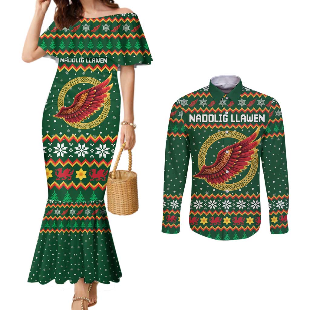 Personalized Montgomeryshire Wales Christmas Couples Matching Mermaid Dress and Long Sleeve Button Shirt Celtic Red Wing Cymru Heritage - Wonder Print Shop