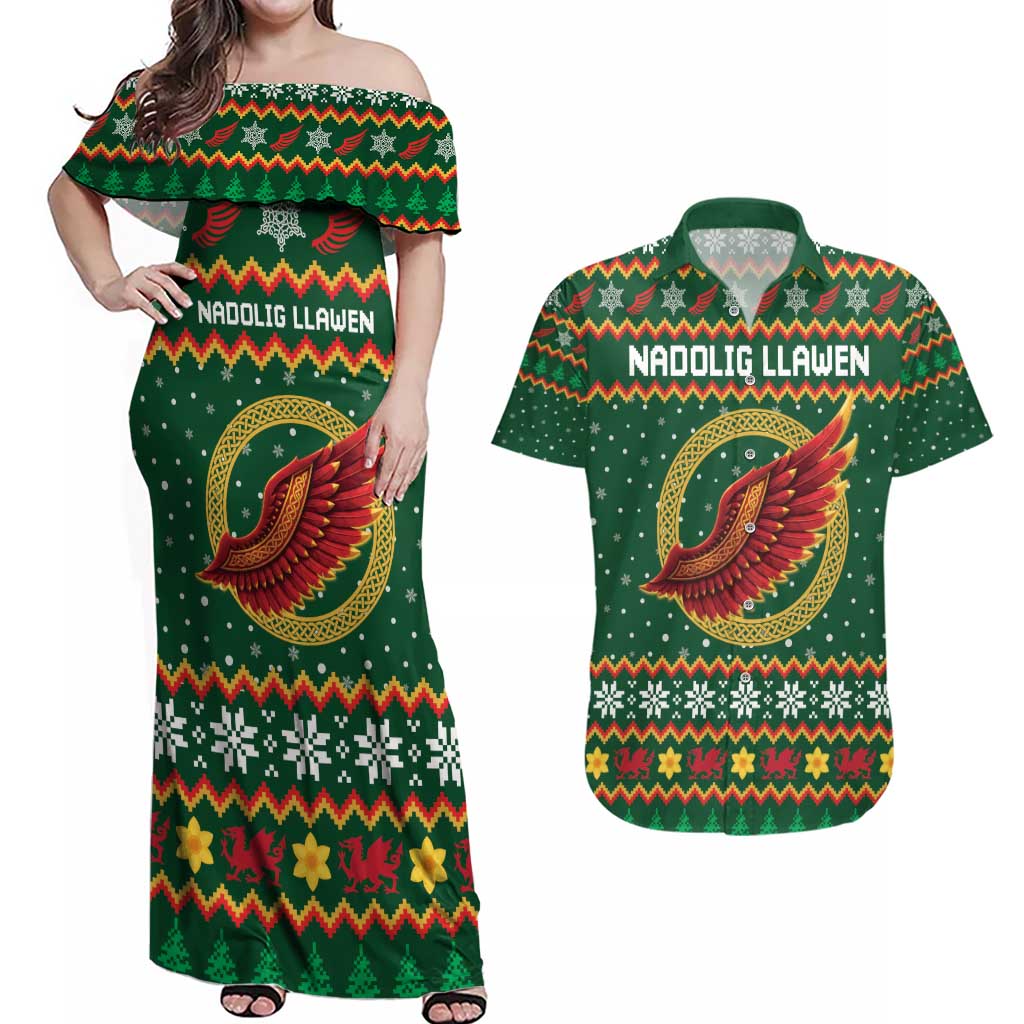 Personalized Montgomeryshire Wales Christmas Couples Matching Off Shoulder Maxi Dress and Hawaiian Shirt Celtic Red Wing Cymru Heritage - Wonder Print Shop