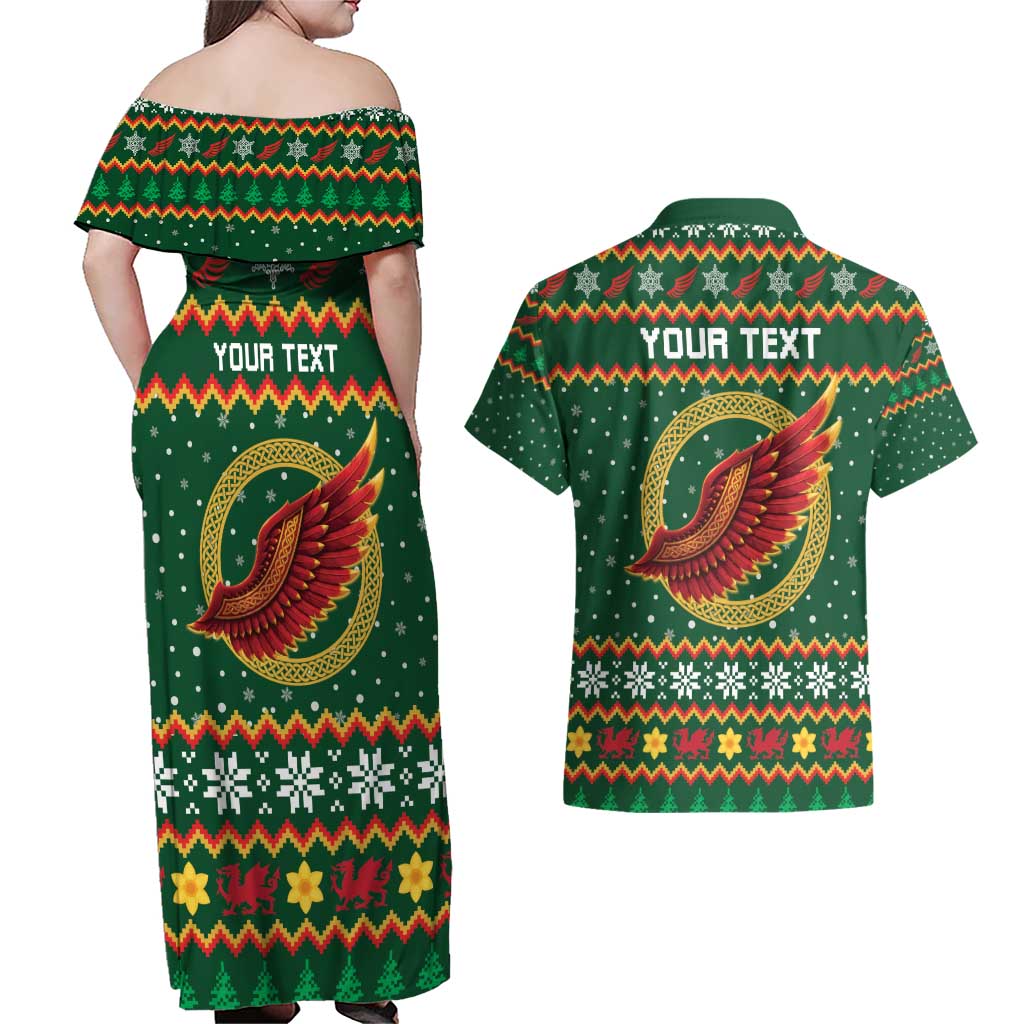 Personalized Montgomeryshire Wales Christmas Couples Matching Off Shoulder Maxi Dress and Hawaiian Shirt Celtic Red Wing Cymru Heritage - Wonder Print Shop