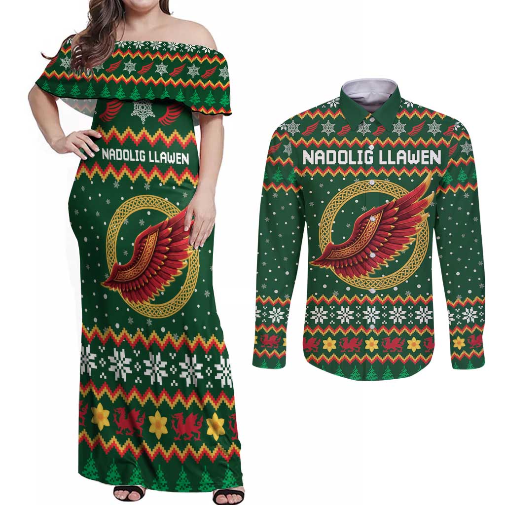 Personalized Montgomeryshire Wales Christmas Couples Matching Off Shoulder Maxi Dress and Long Sleeve Button Shirt Celtic Red Wing Cymru Heritage - Wonder Print Shop