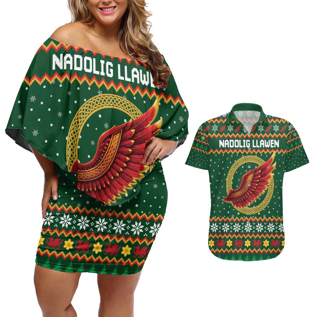 Personalized Montgomeryshire Wales Christmas Couples Matching Off Shoulder Short Dress and Hawaiian Shirt Celtic Red Wing Cymru Heritage - Wonder Print Shop
