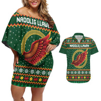 Personalized Montgomeryshire Wales Christmas Couples Matching Off Shoulder Short Dress and Hawaiian Shirt Celtic Red Wing Cymru Heritage - Wonder Print Shop