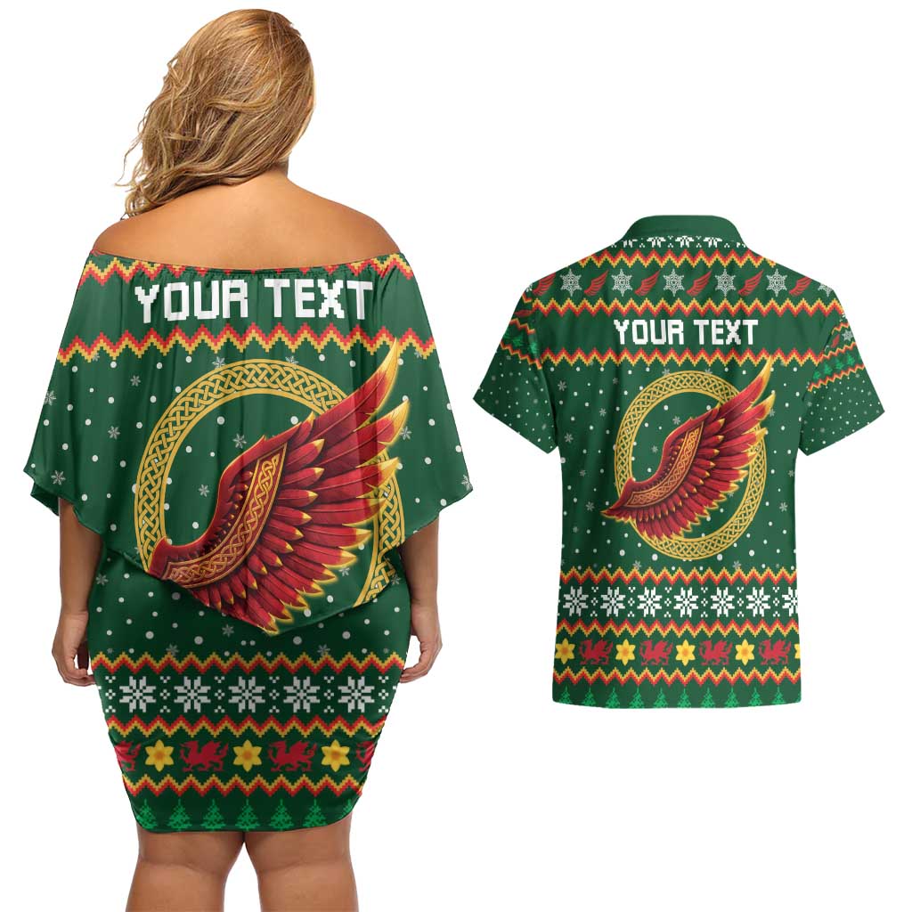 Personalized Montgomeryshire Wales Christmas Couples Matching Off Shoulder Short Dress and Hawaiian Shirt Celtic Red Wing Cymru Heritage - Wonder Print Shop
