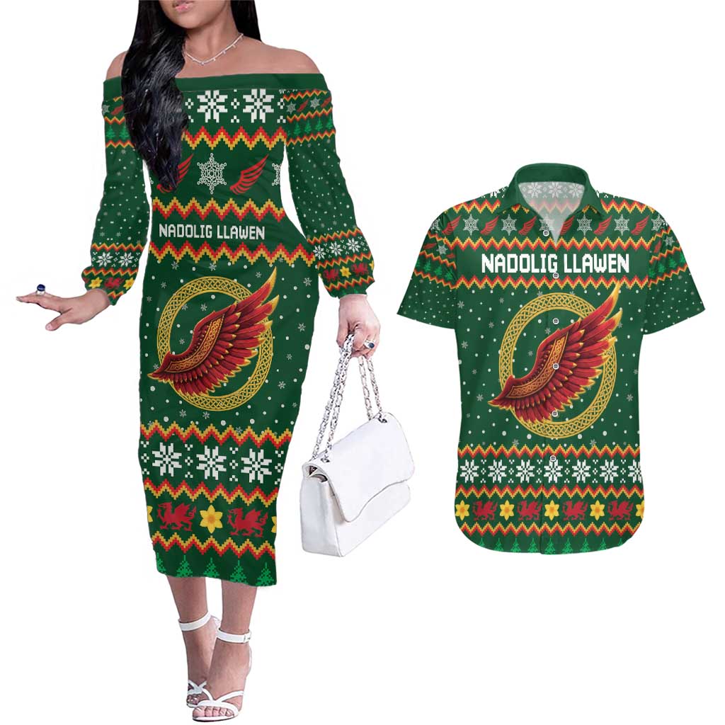 Personalized Montgomeryshire Wales Christmas Couples Matching Off The Shoulder Long Sleeve Dress and Hawaiian Shirt Celtic Red Wing Cymru Heritage - Wonder Print Shop