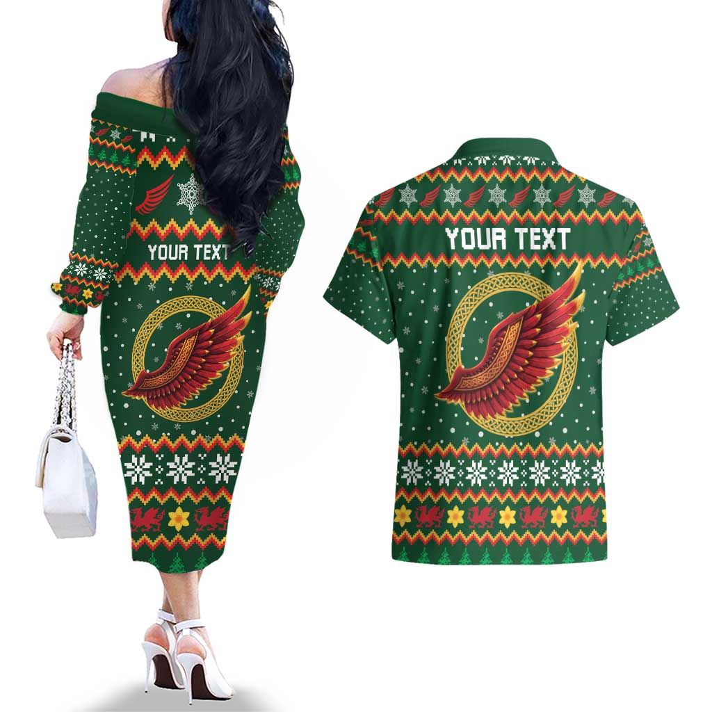 Personalized Montgomeryshire Wales Christmas Couples Matching Off The Shoulder Long Sleeve Dress and Hawaiian Shirt Celtic Red Wing Cymru Heritage - Wonder Print Shop