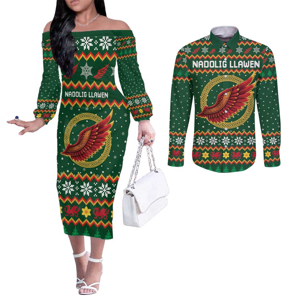 Personalized Montgomeryshire Wales Christmas Couples Matching Off The Shoulder Long Sleeve Dress and Long Sleeve Button Shirt Celtic Red Wing Cymru Heritage - Wonder Print Shop