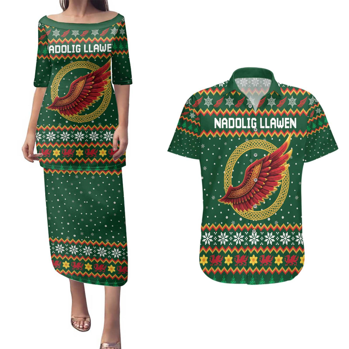Personalized Montgomeryshire Wales Christmas Couples Matching Puletasi and Hawaiian Shirt Celtic Red Wing Cymru Heritage - Wonder Print Shop