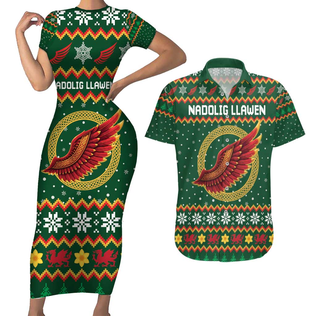 Personalized Montgomeryshire Wales Christmas Couples Matching Short Sleeve Bodycon Dress and Hawaiian Shirt Celtic Red Wing Cymru Heritage - Wonder Print Shop