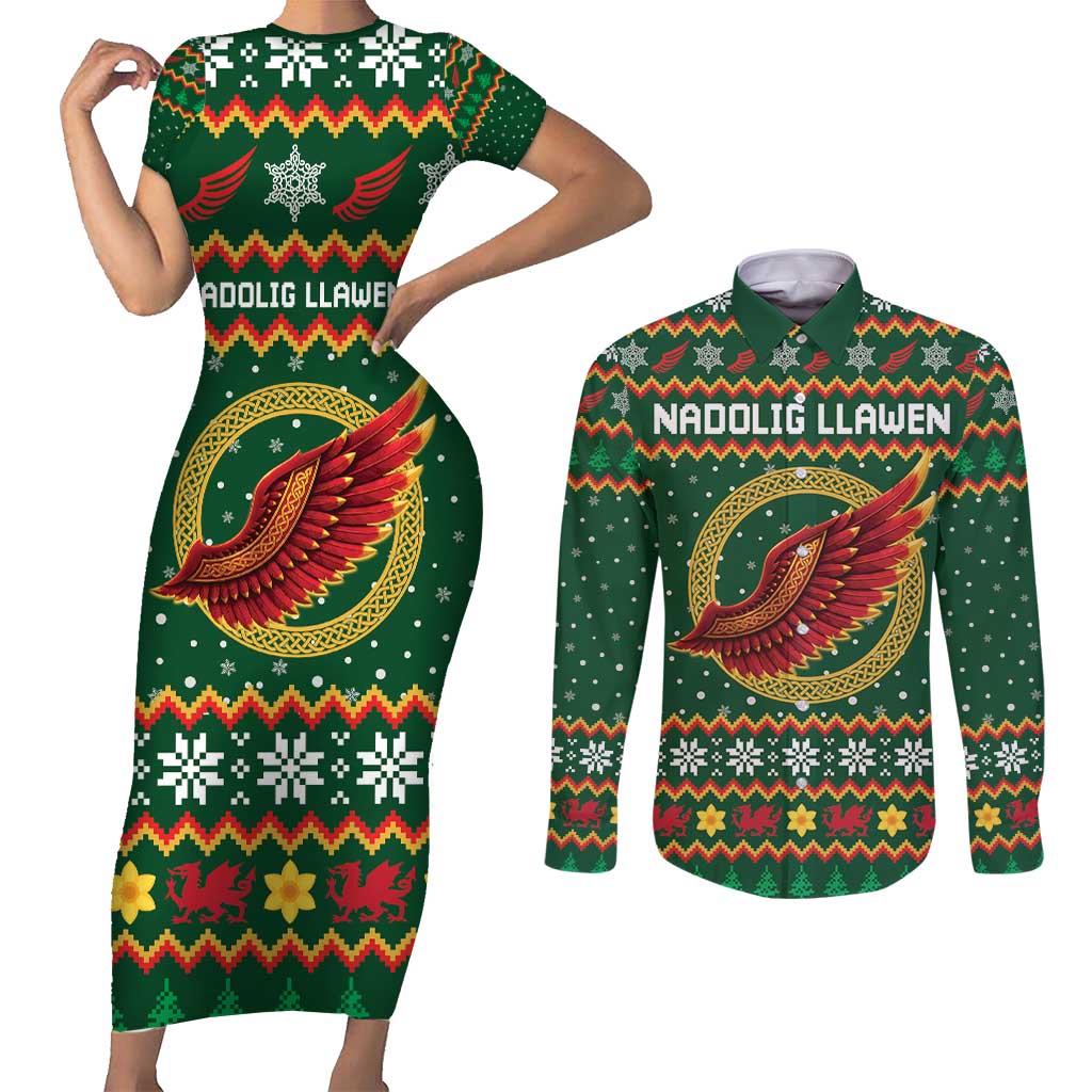 Personalized Montgomeryshire Wales Christmas Couples Matching Short Sleeve Bodycon Dress and Long Sleeve Button Shirt Celtic Red Wing Cymru Heritage - Wonder Print Shop