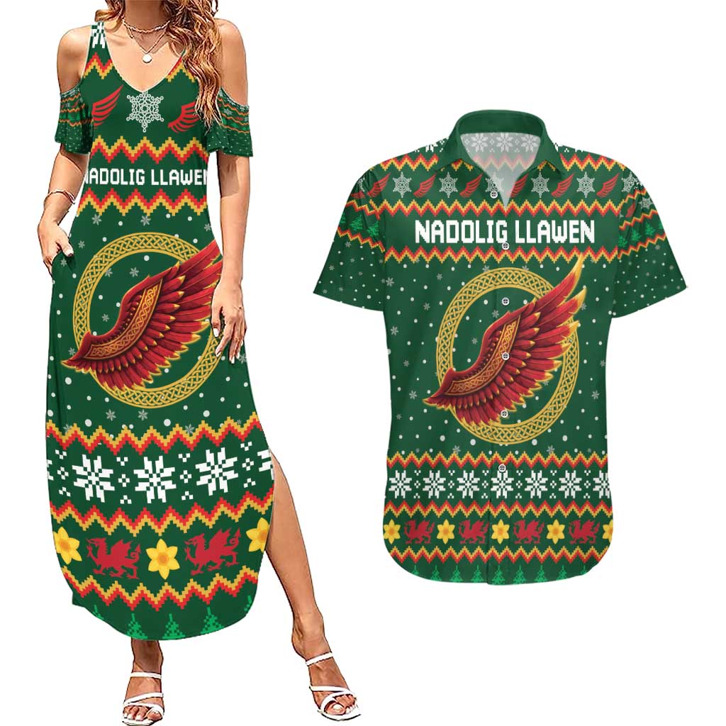 Personalized Montgomeryshire Wales Christmas Couples Matching Summer Maxi Dress and Hawaiian Shirt Celtic Red Wing Cymru Heritage - Wonder Print Shop