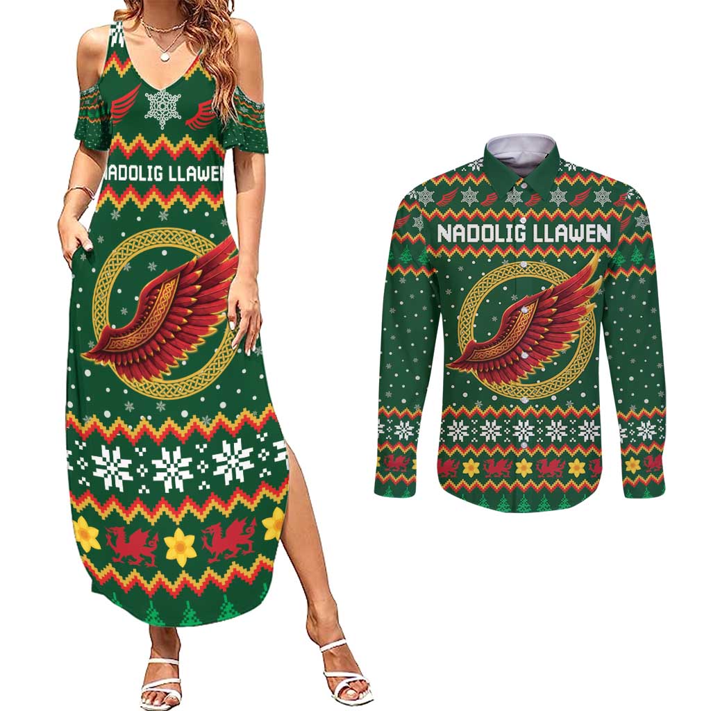 Personalized Montgomeryshire Wales Christmas Couples Matching Summer Maxi Dress and Long Sleeve Button Shirt Celtic Red Wing Cymru Heritage - Wonder Print Shop