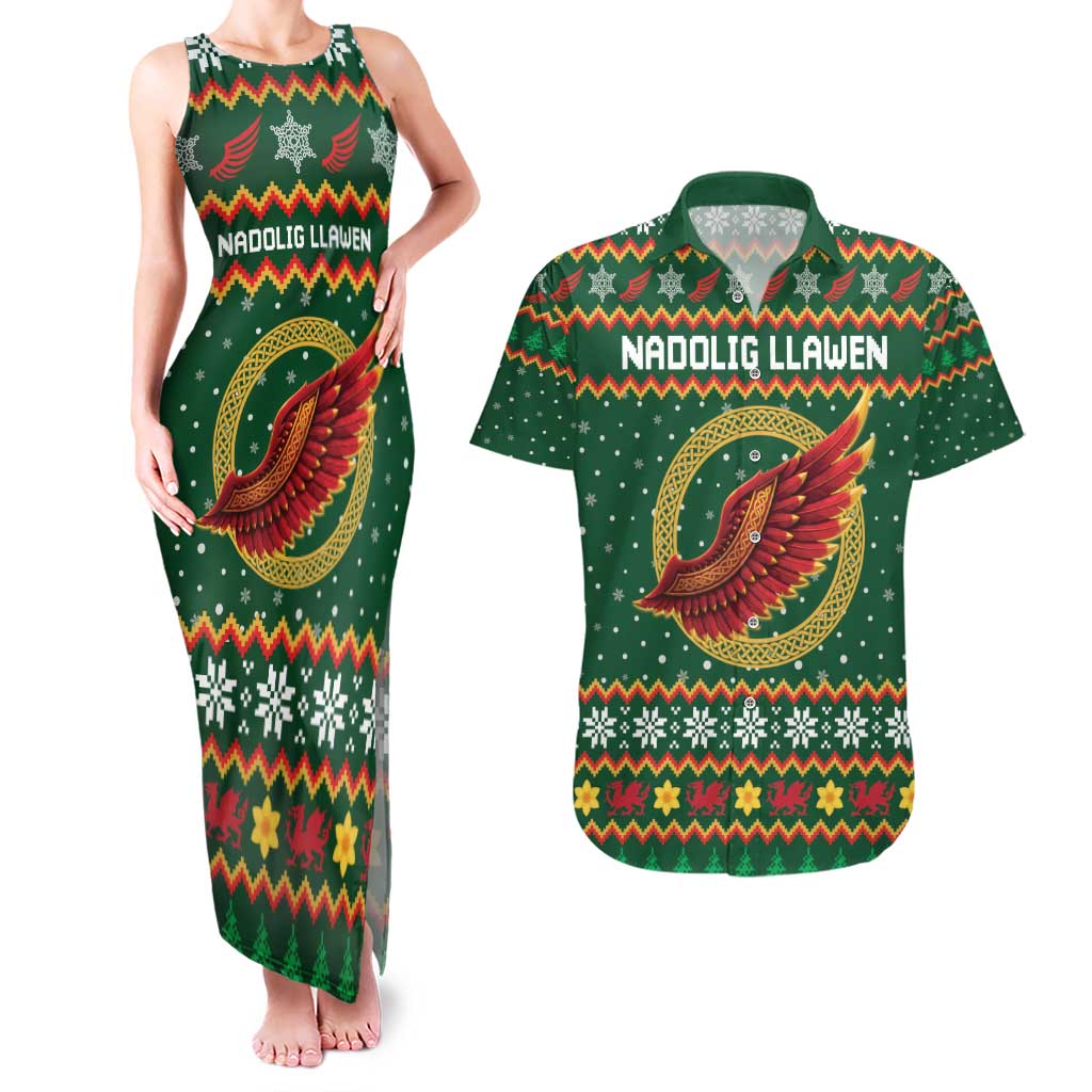 Personalized Montgomeryshire Wales Christmas Couples Matching Tank Maxi Dress and Hawaiian Shirt Celtic Red Wing Cymru Heritage - Wonder Print Shop