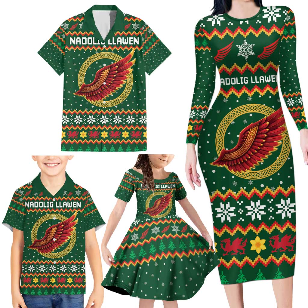 Personalized Montgomeryshire Wales Christmas Family Matching Long Sleeve Bodycon Dress and Hawaiian Shirt Celtic Red Wing Cymru Heritage - Wonder Print Shop