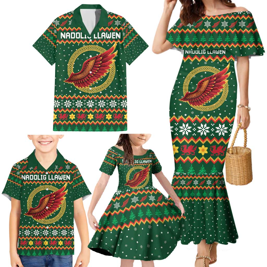 Personalized Montgomeryshire Wales Christmas Family Matching Mermaid Dress and Hawaiian Shirt Celtic Red Wing Cymru Heritage - Wonder Print Shop