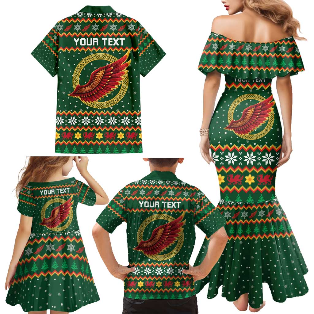 Personalized Montgomeryshire Wales Christmas Family Matching Mermaid Dress and Hawaiian Shirt Celtic Red Wing Cymru Heritage - Wonder Print Shop