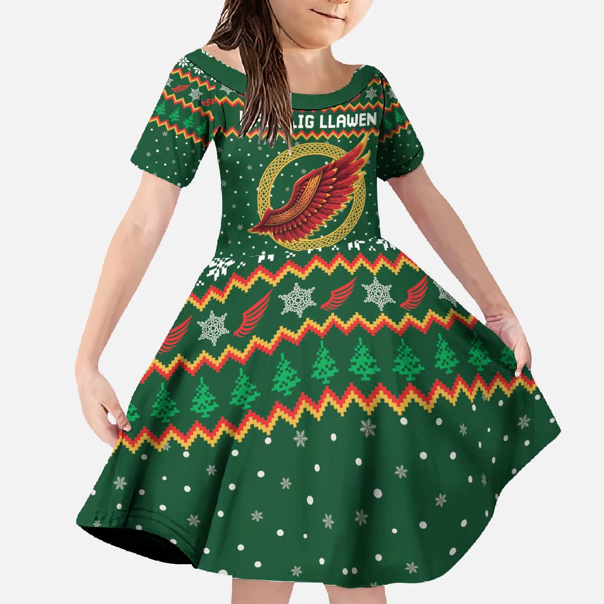 Personalized Montgomeryshire Wales Christmas Family Matching Off The Shoulder Long Sleeve Dress and Hawaiian Shirt Celtic Red Wing Cymru Heritage - Wonder Print Shop