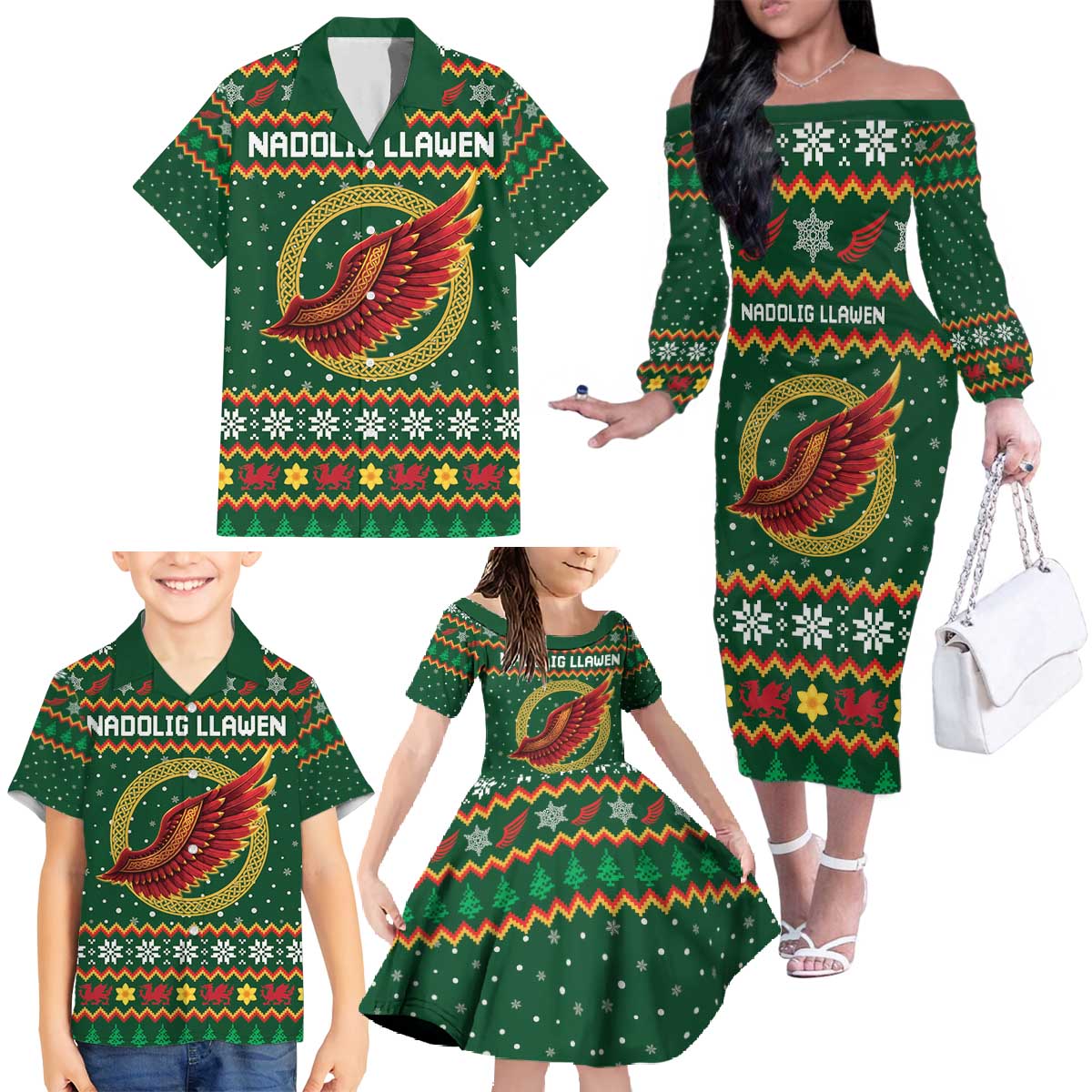Personalized Montgomeryshire Wales Christmas Family Matching Off The Shoulder Long Sleeve Dress and Hawaiian Shirt Celtic Red Wing Cymru Heritage - Wonder Print Shop