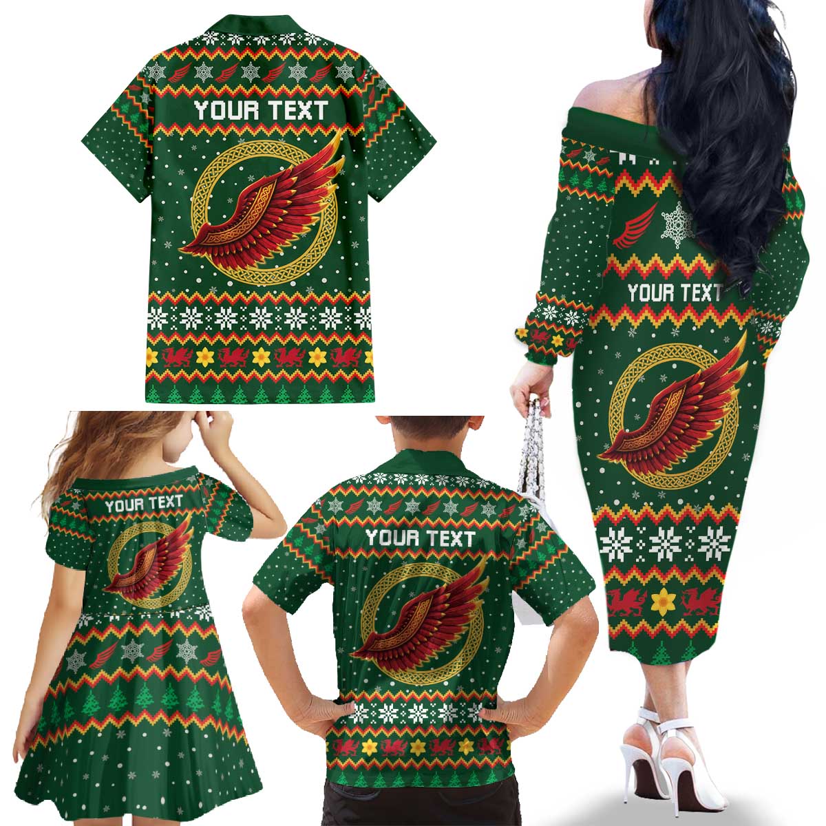 Personalized Montgomeryshire Wales Christmas Family Matching Off The Shoulder Long Sleeve Dress and Hawaiian Shirt Celtic Red Wing Cymru Heritage - Wonder Print Shop