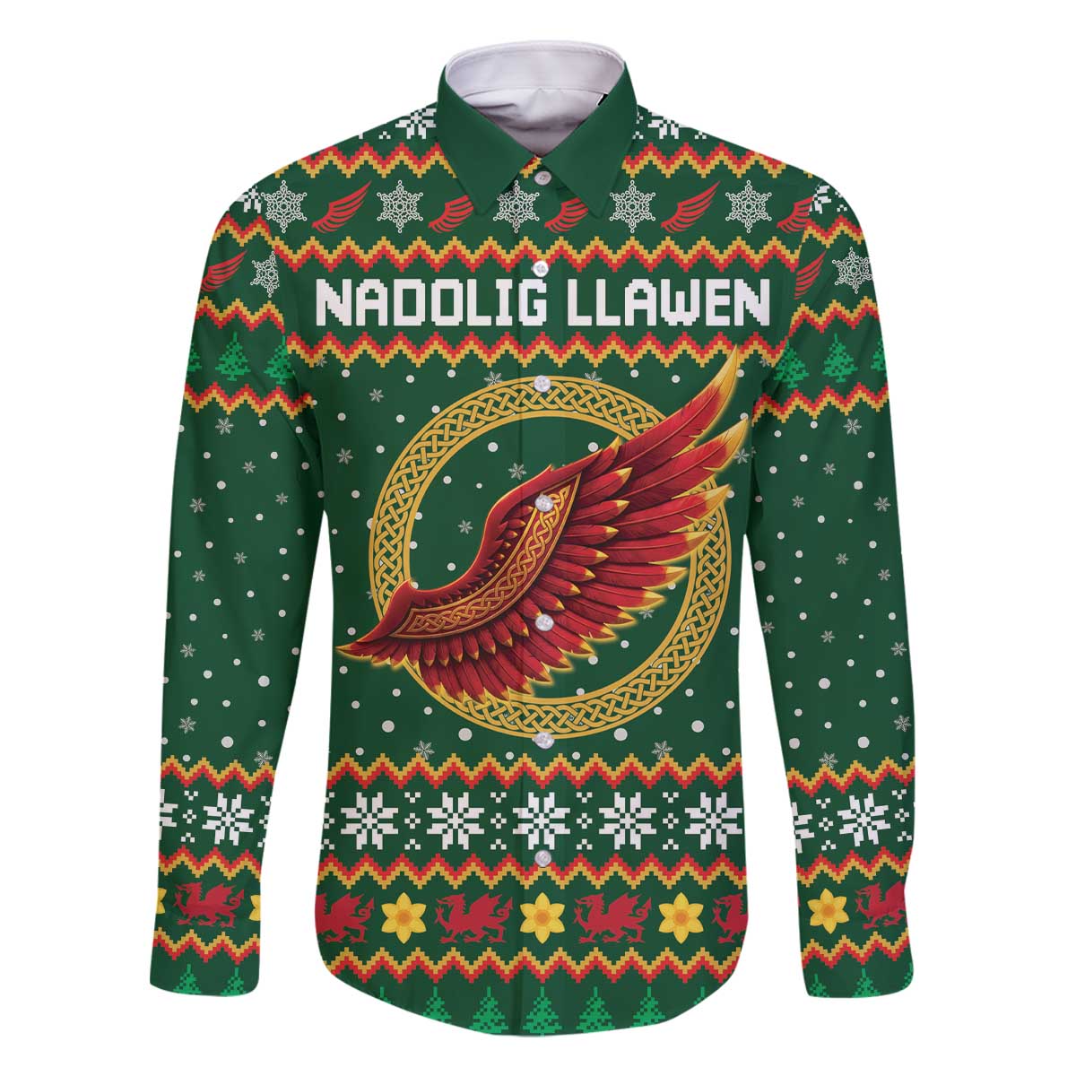 Personalized Montgomeryshire Wales Christmas Family Matching Off The Shoulder Long Sleeve Dress and Hawaiian Shirt Celtic Red Wing Cymru Heritage - Wonder Print Shop