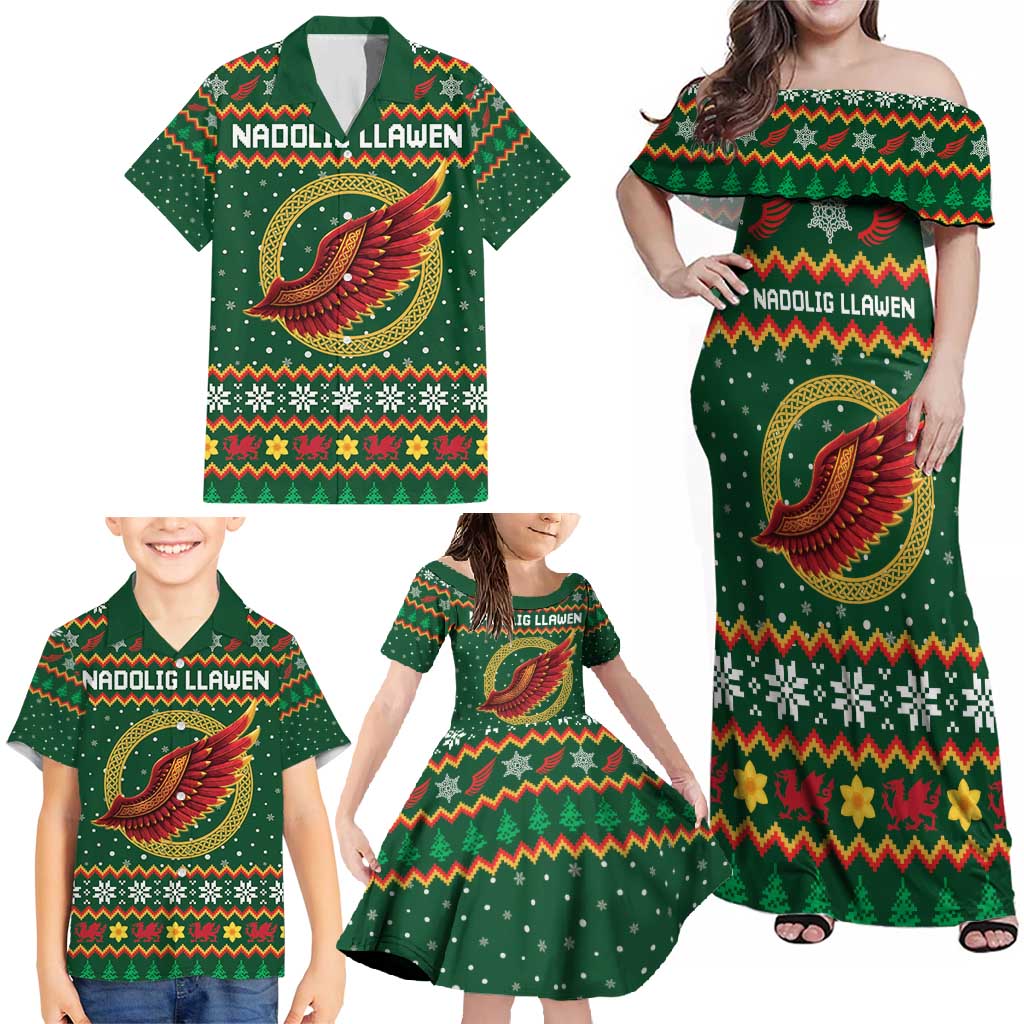 Personalized Montgomeryshire Wales Christmas Family Matching Off Shoulder Maxi Dress and Hawaiian Shirt Celtic Red Wing Cymru Heritage - Wonder Print Shop