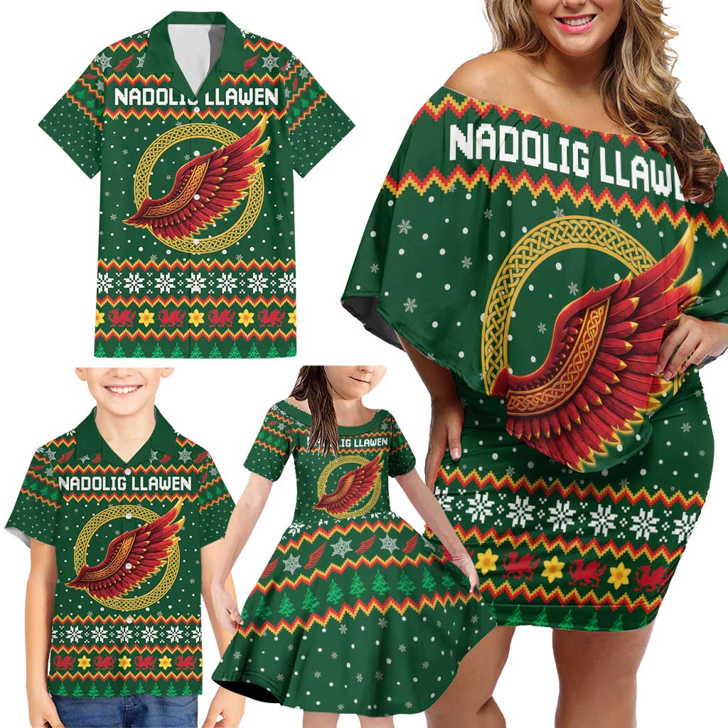 Personalized Montgomeryshire Wales Christmas Family Matching Off Shoulder Short Dress and Hawaiian Shirt Celtic Red Wing Cymru Heritage - Wonder Print Shop
