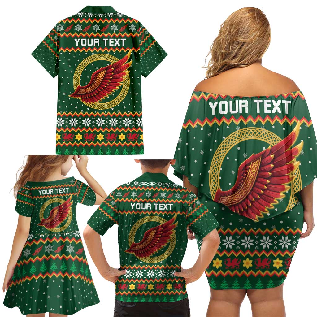 Personalized Montgomeryshire Wales Christmas Family Matching Off Shoulder Short Dress and Hawaiian Shirt Celtic Red Wing Cymru Heritage - Wonder Print Shop