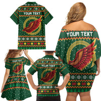 Personalized Montgomeryshire Wales Christmas Family Matching Off Shoulder Short Dress and Hawaiian Shirt Celtic Red Wing Cymru Heritage - Wonder Print Shop