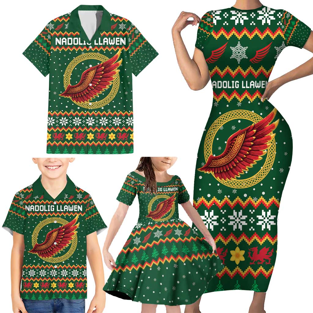 Personalized Montgomeryshire Wales Christmas Family Matching Short Sleeve Bodycon Dress and Hawaiian Shirt Celtic Red Wing Cymru Heritage - Wonder Print Shop