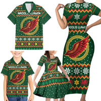 Personalized Montgomeryshire Wales Christmas Family Matching Short Sleeve Bodycon Dress and Hawaiian Shirt Celtic Red Wing Cymru Heritage - Wonder Print Shop