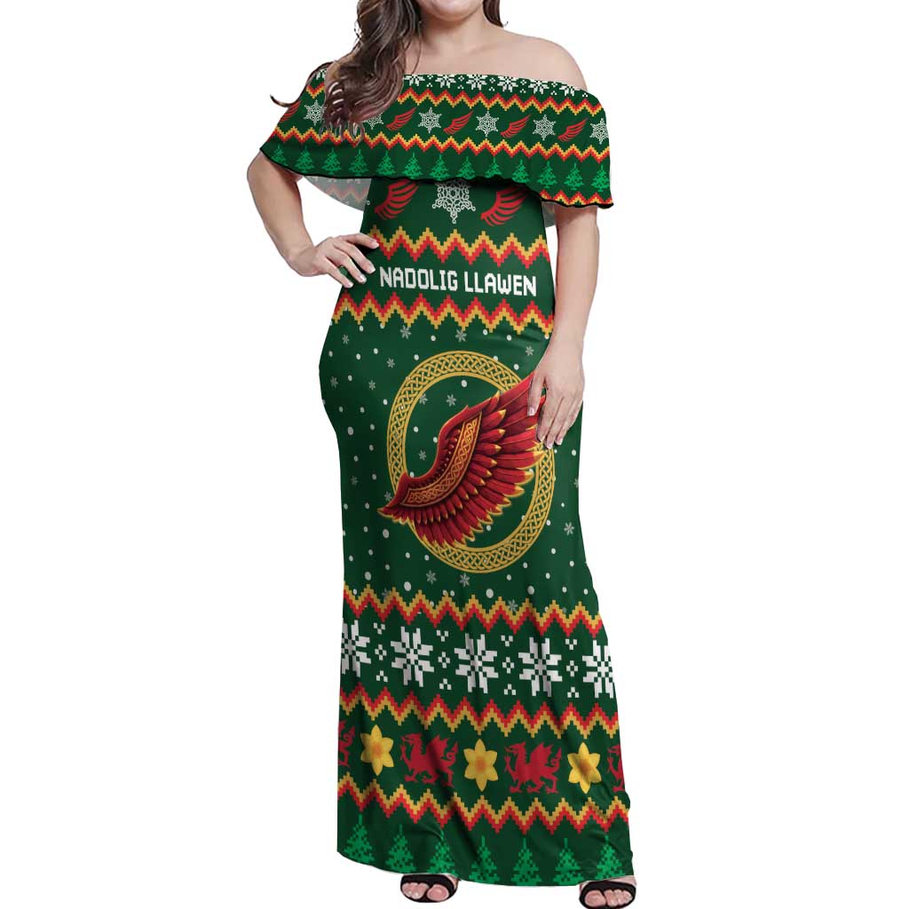 Personalized Montgomeryshire Wales Christmas Off Shoulder Maxi Dress Celtic Red Wing Cymru Heritage - Wonder Print Shop