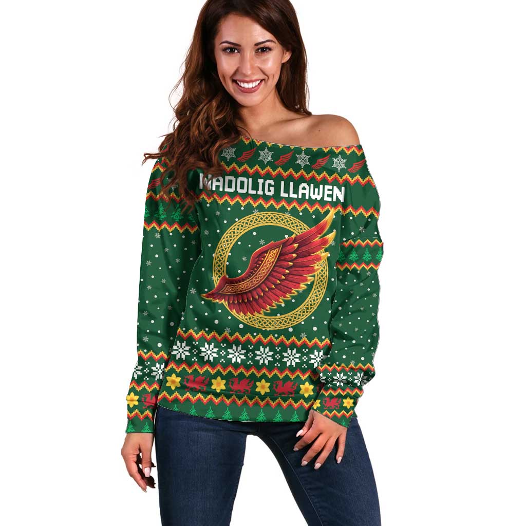 Personalized Montgomeryshire Wales Christmas Off Shoulder Sweater Celtic Red Wing Cymru Heritage - Wonder Print Shop