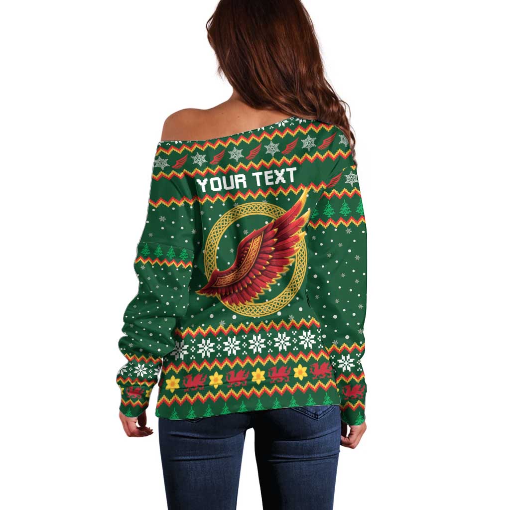 Personalized Montgomeryshire Wales Christmas Off Shoulder Sweater Celtic Red Wing Cymru Heritage - Wonder Print Shop