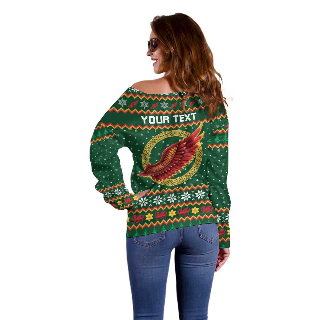 Personalized Montgomeryshire Wales Christmas Off Shoulder Sweater Celtic Red Wing Cymru Heritage - Wonder Print Shop
