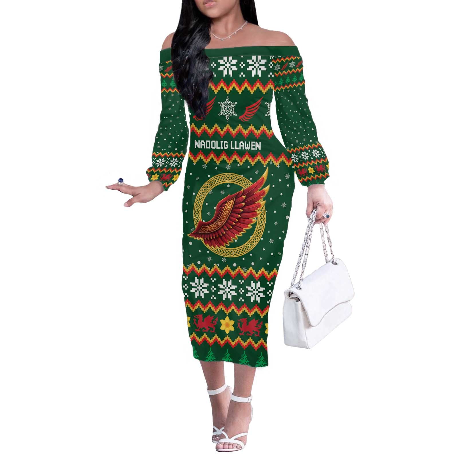 Personalized Montgomeryshire Wales Christmas Off The Shoulder Long Sleeve Dress Celtic Red Wing Cymru Heritage - Wonder Print Shop