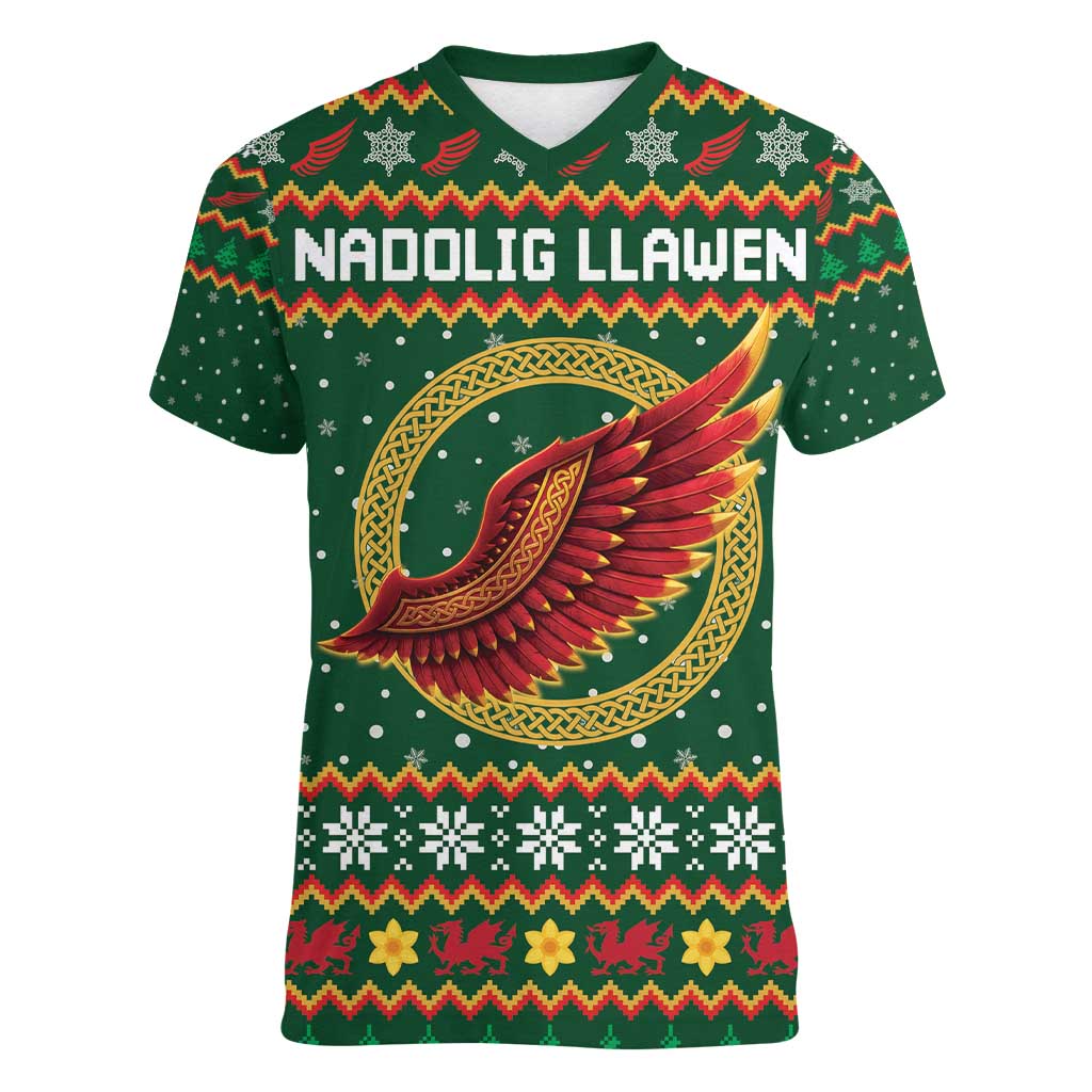 Personalized Montgomeryshire Wales Christmas Women V-Neck T-Shirt Celtic Red Wing Cymru Heritage - Wonder Print Shop