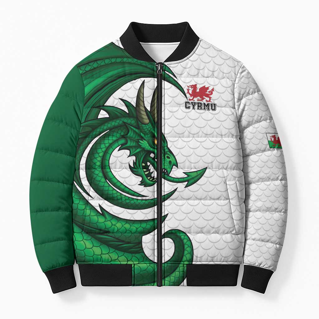 Wales Celtic Dragon Bomber Puffer Jacket Welsh Mythic Green Dragon - Wonder Print Shop