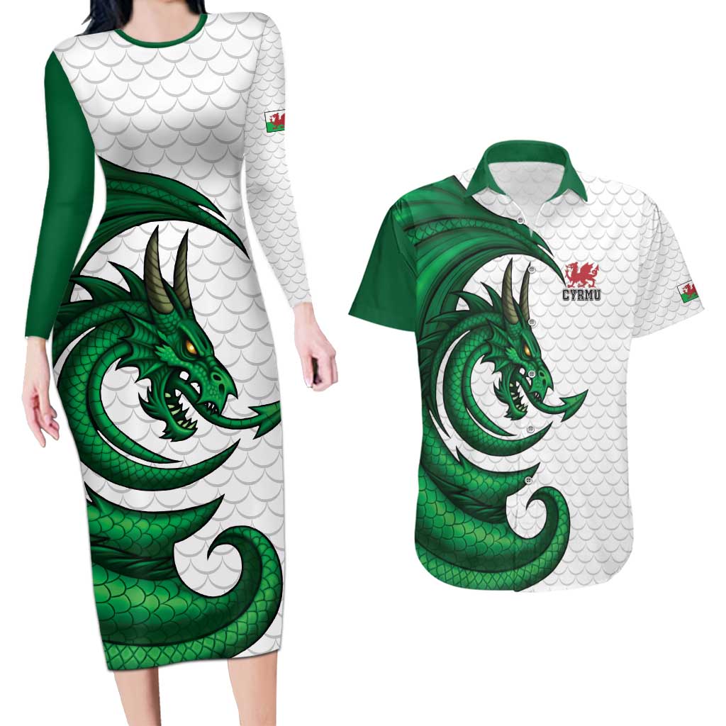 Wales Celtic Dragon Couples Matching Long Sleeve Bodycon Dress and Hawaiian Shirt Welsh Mythic Green Dragon - Wonder Print Shop