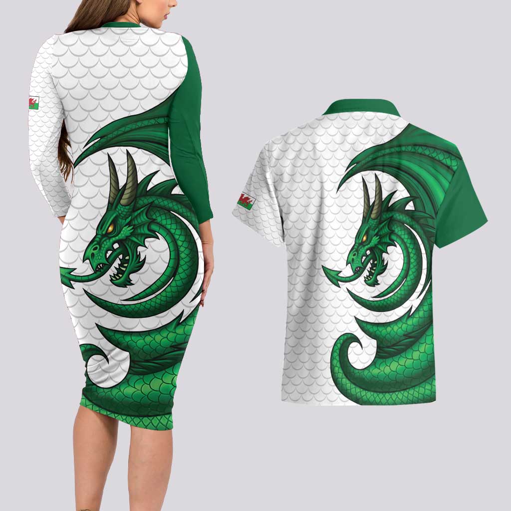 Wales Celtic Dragon Couples Matching Long Sleeve Bodycon Dress and Hawaiian Shirt Welsh Mythic Green Dragon - Wonder Print Shop