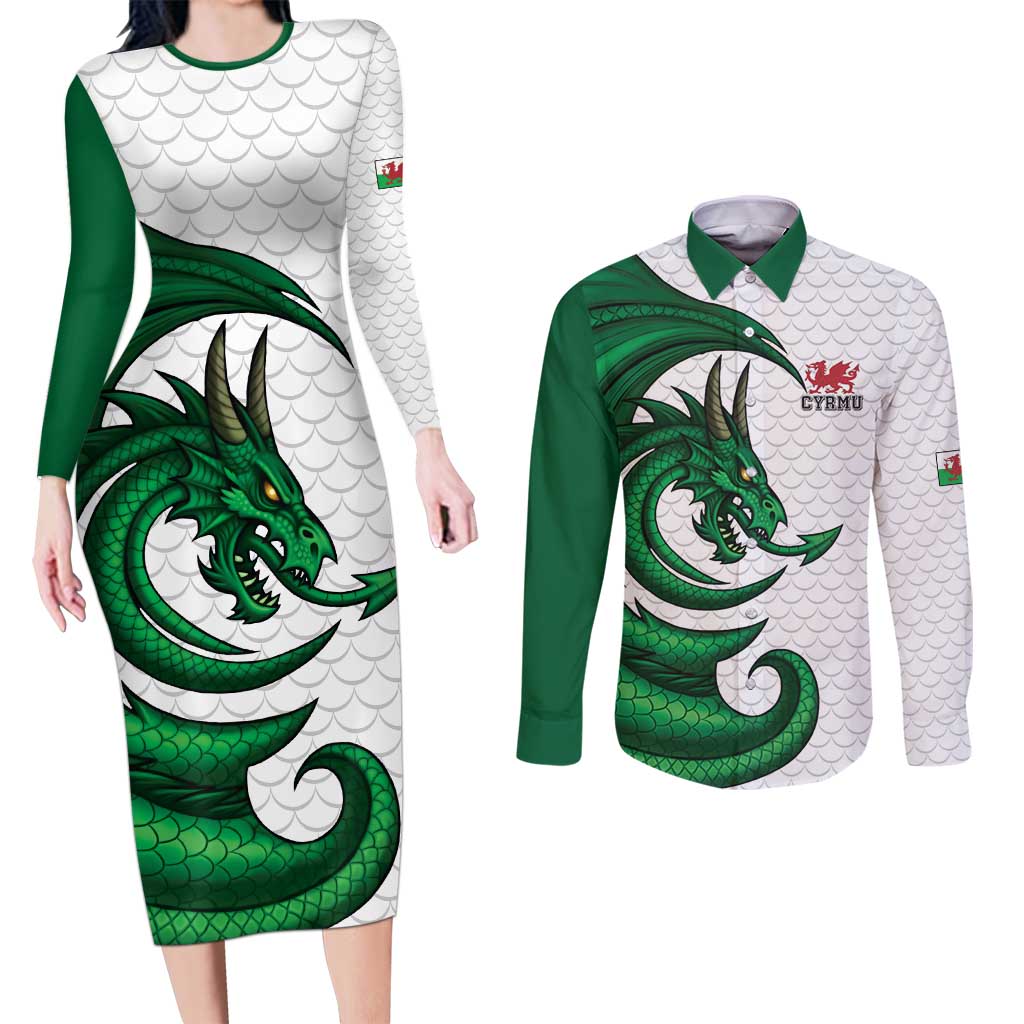 Wales Celtic Dragon Couples Matching Long Sleeve Bodycon Dress and Long Sleeve Button Shirt Welsh Mythic Green Dragon - Wonder Print Shop