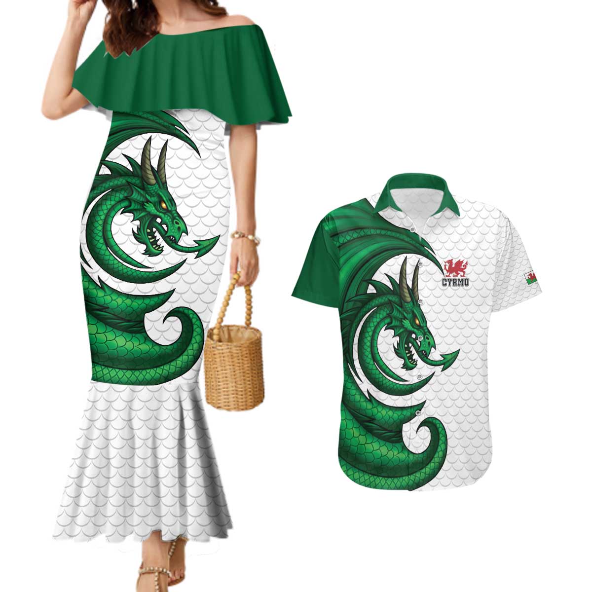 Wales Celtic Dragon Couples Matching Mermaid Dress and Hawaiian Shirt Welsh Mythic Green Dragon - Wonder Print Shop