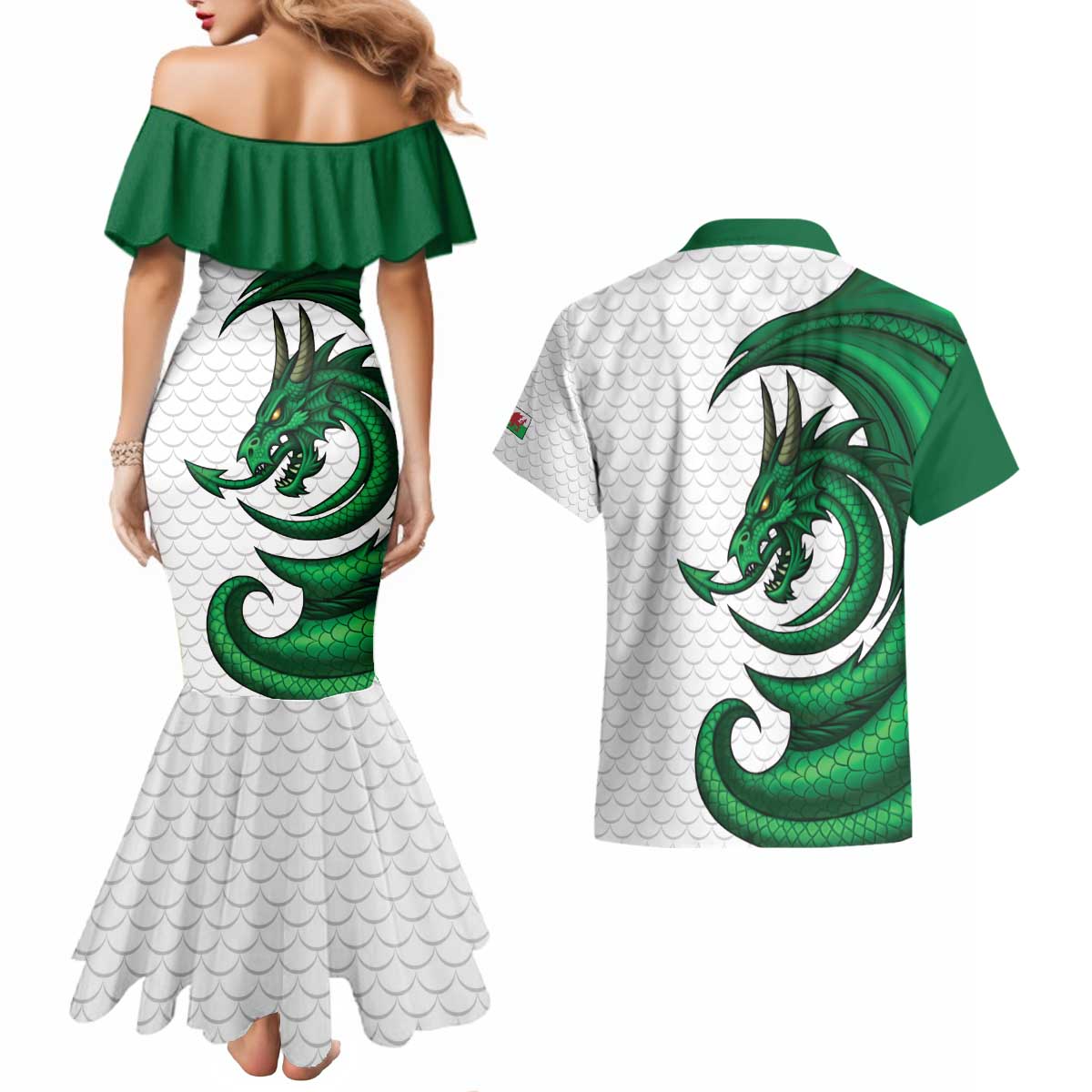 Wales Celtic Dragon Couples Matching Mermaid Dress and Hawaiian Shirt Welsh Mythic Green Dragon - Wonder Print Shop