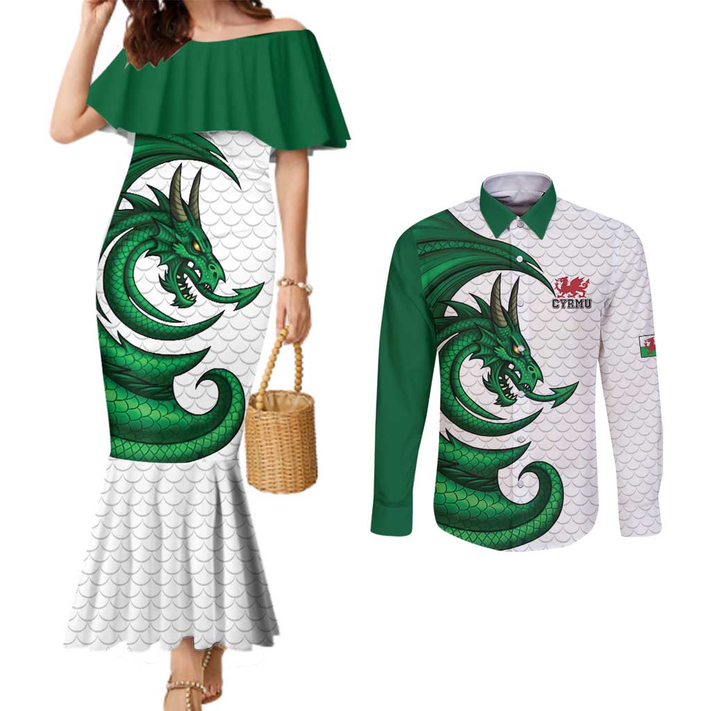 Wales Celtic Dragon Couples Matching Mermaid Dress and Long Sleeve Button Shirt Welsh Mythic Green Dragon - Wonder Print Shop