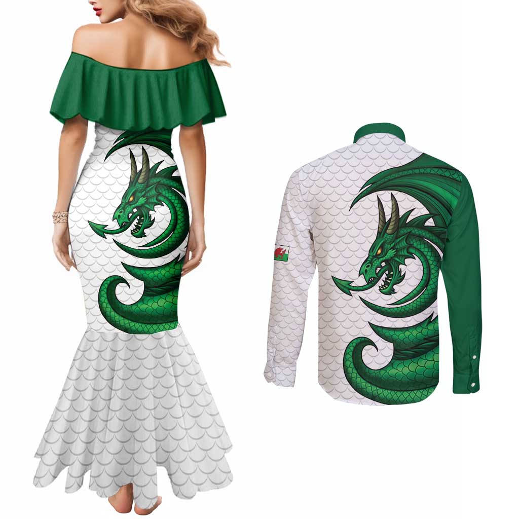 Wales Celtic Dragon Couples Matching Mermaid Dress and Long Sleeve Button Shirt Welsh Mythic Green Dragon - Wonder Print Shop