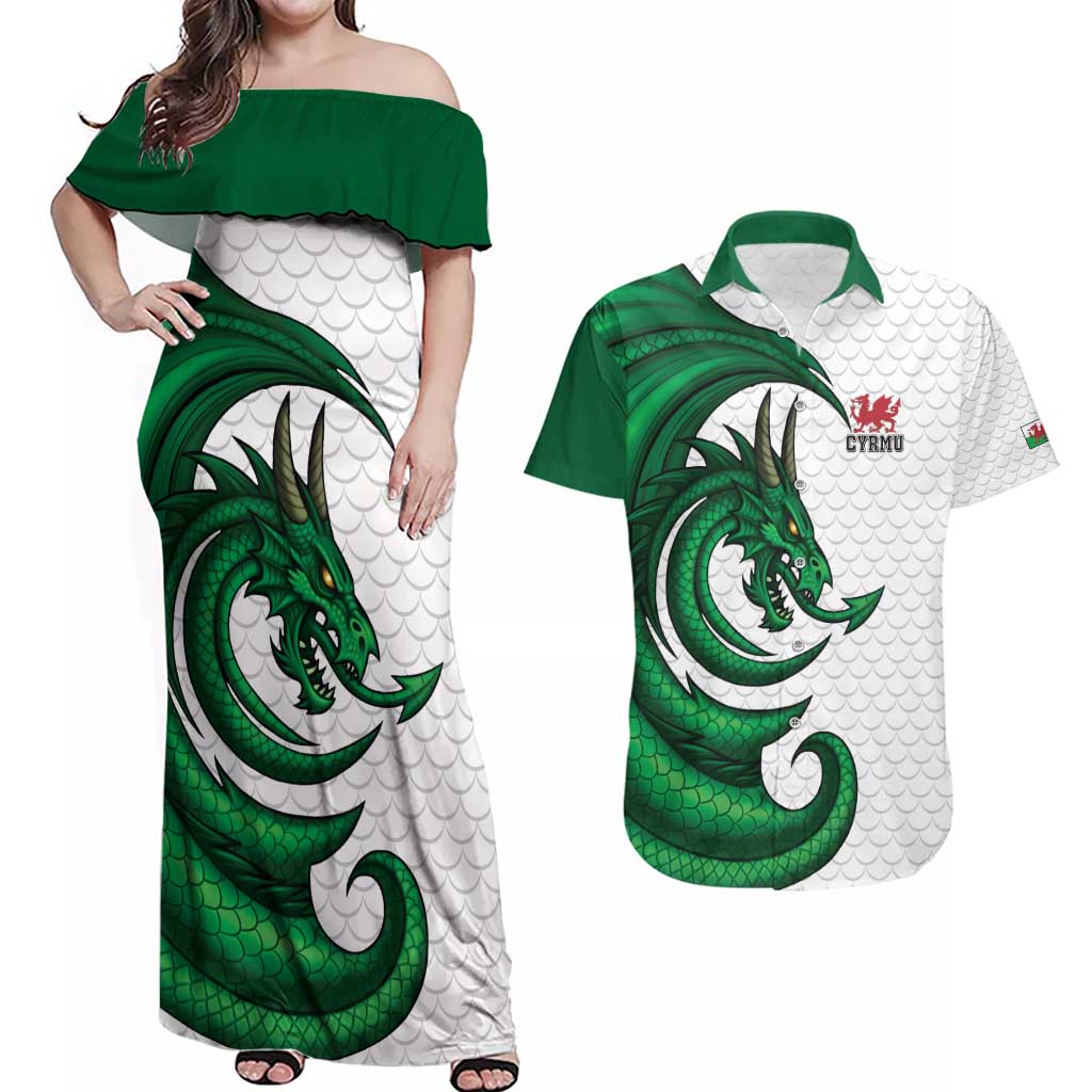 Wales Celtic Dragon Couples Matching Off Shoulder Maxi Dress and Hawaiian Shirt Welsh Mythic Green Dragon - Wonder Print Shop