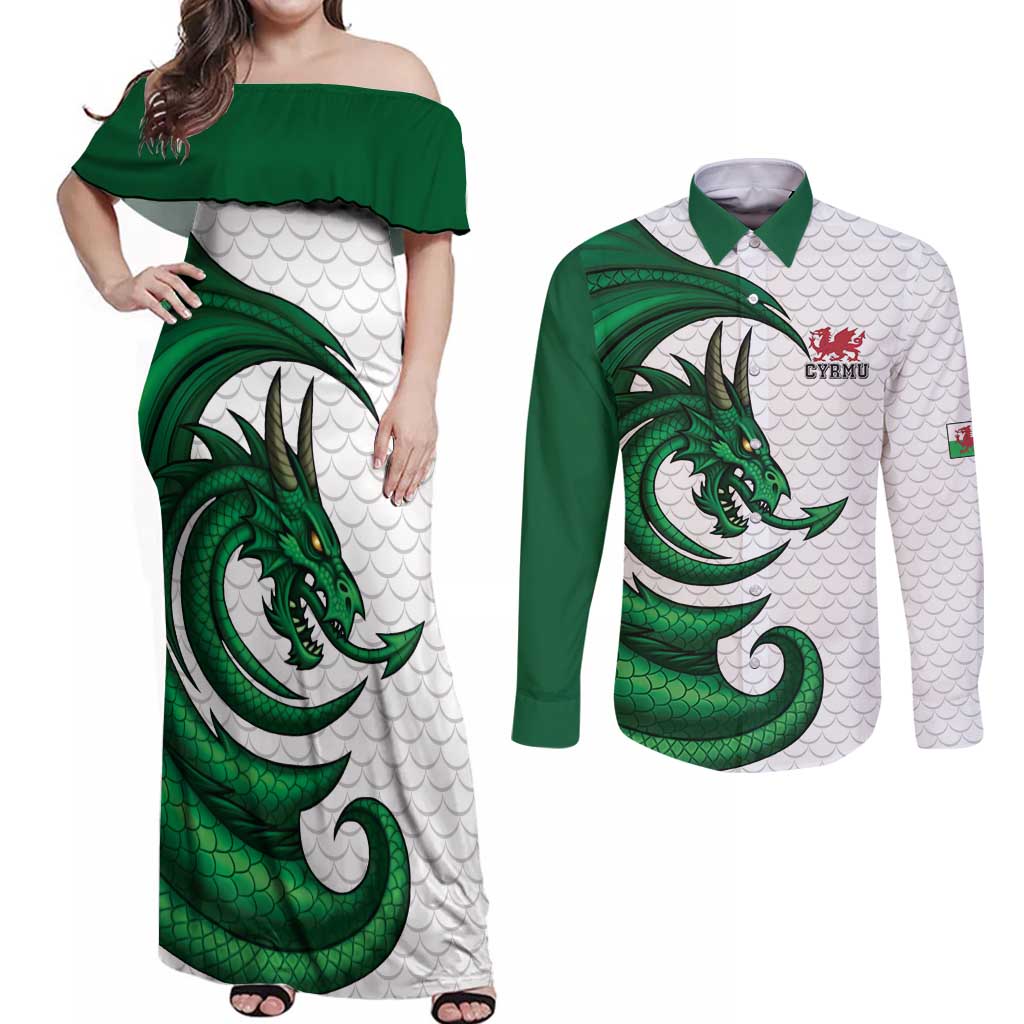 Wales Celtic Dragon Couples Matching Off Shoulder Maxi Dress and Long Sleeve Button Shirt Welsh Mythic Green Dragon - Wonder Print Shop