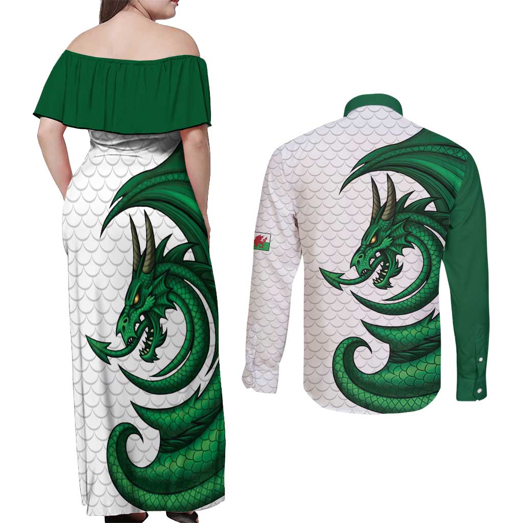 Wales Celtic Dragon Couples Matching Off Shoulder Maxi Dress and Long Sleeve Button Shirt Welsh Mythic Green Dragon - Wonder Print Shop