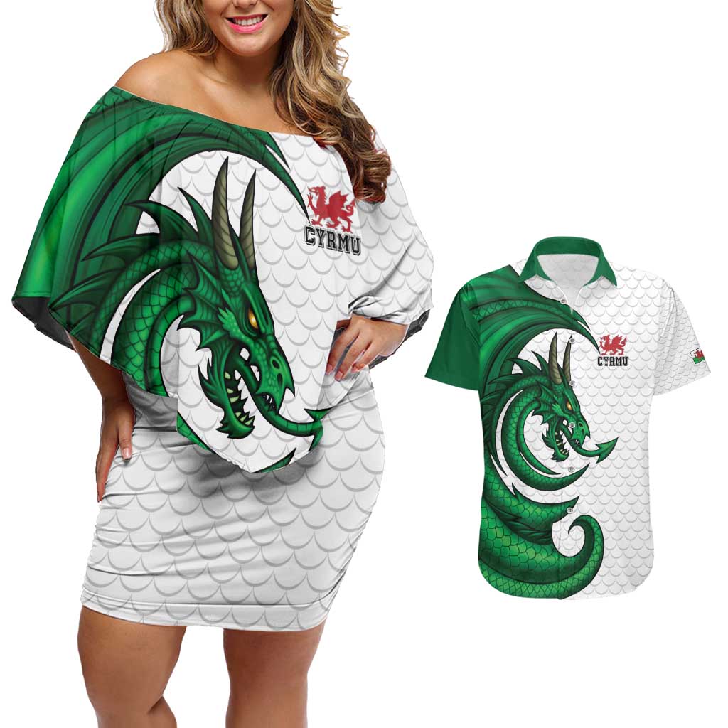 Wales Celtic Dragon Couples Matching Off Shoulder Short Dress and Hawaiian Shirt Welsh Mythic Green Dragon - Wonder Print Shop