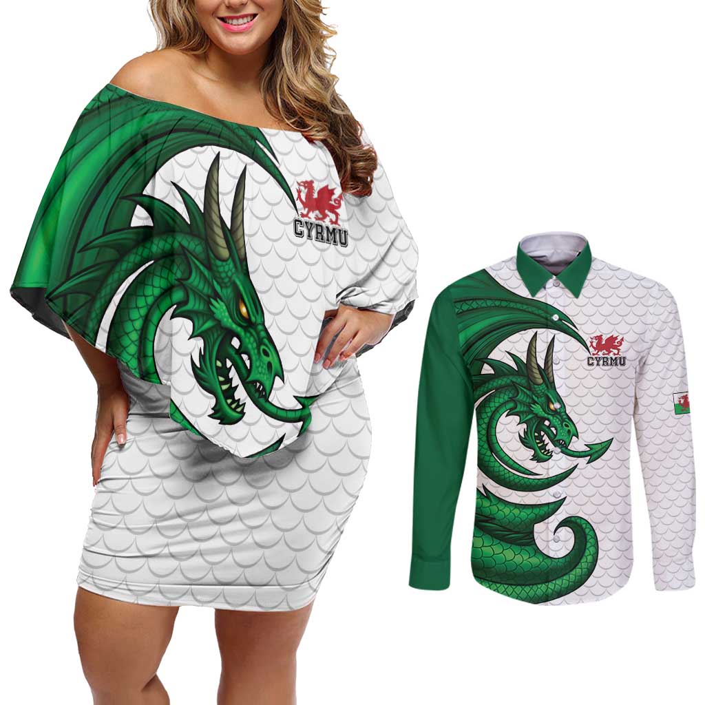 Wales Celtic Dragon Couples Matching Off Shoulder Short Dress and Long Sleeve Button Shirt Welsh Mythic Green Dragon - Wonder Print Shop