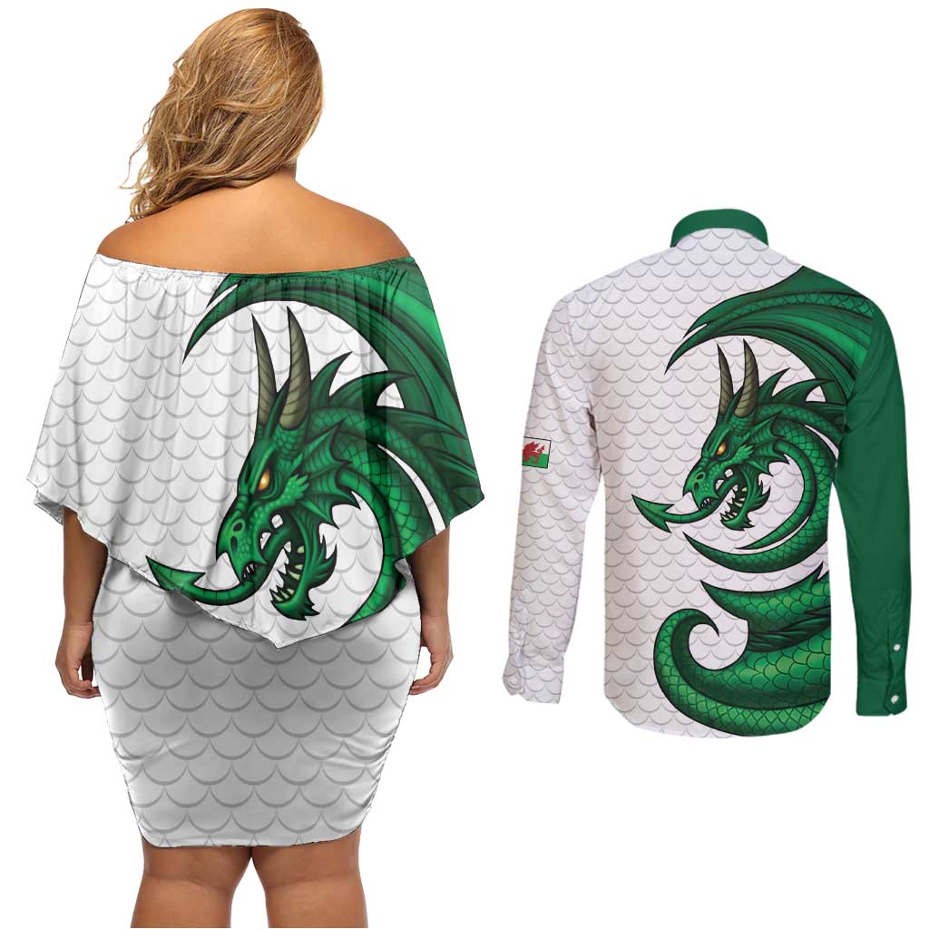 Wales Celtic Dragon Couples Matching Off Shoulder Short Dress and Long Sleeve Button Shirt Welsh Mythic Green Dragon - Wonder Print Shop