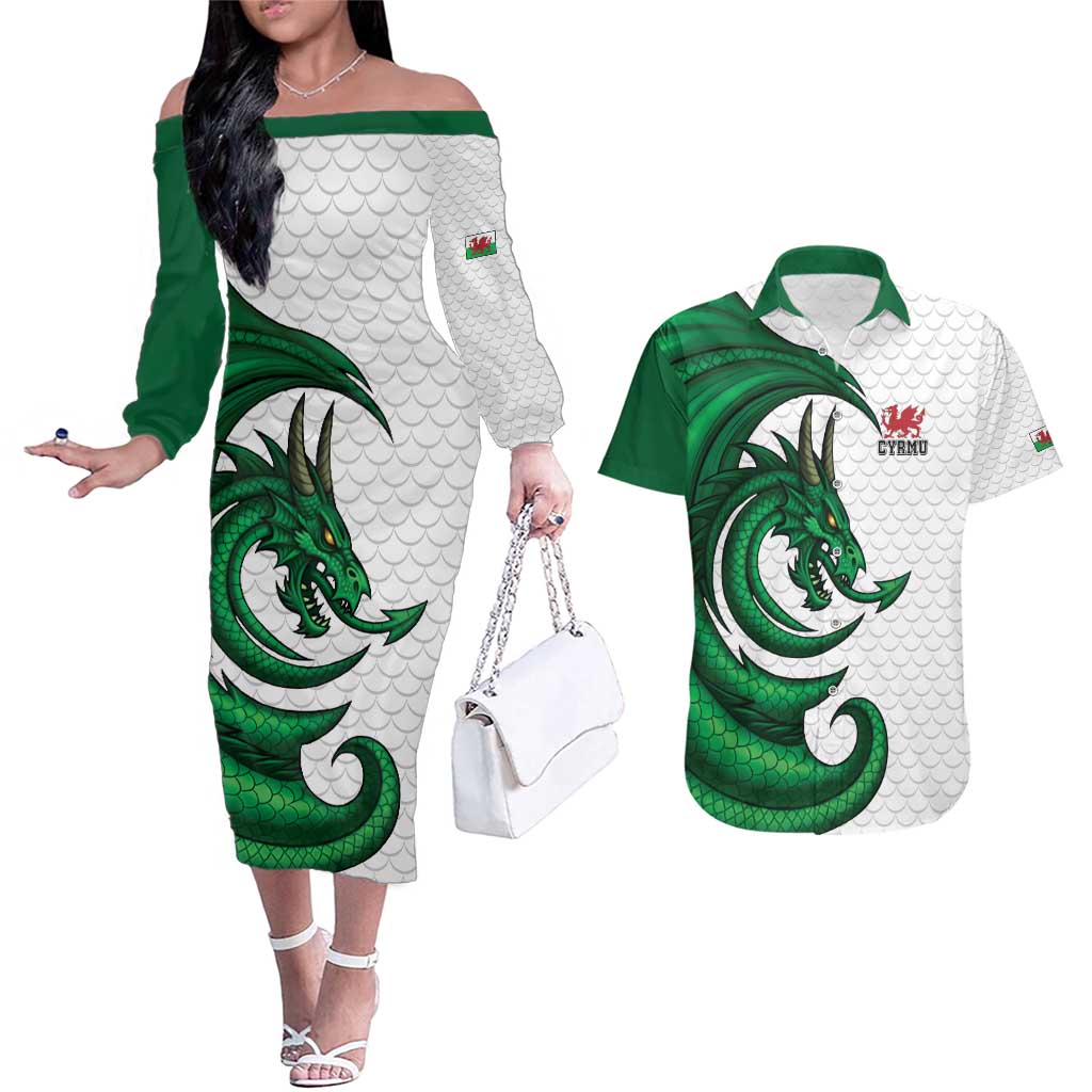 Wales Celtic Dragon Couples Matching Off The Shoulder Long Sleeve Dress and Hawaiian Shirt Welsh Mythic Green Dragon - Wonder Print Shop